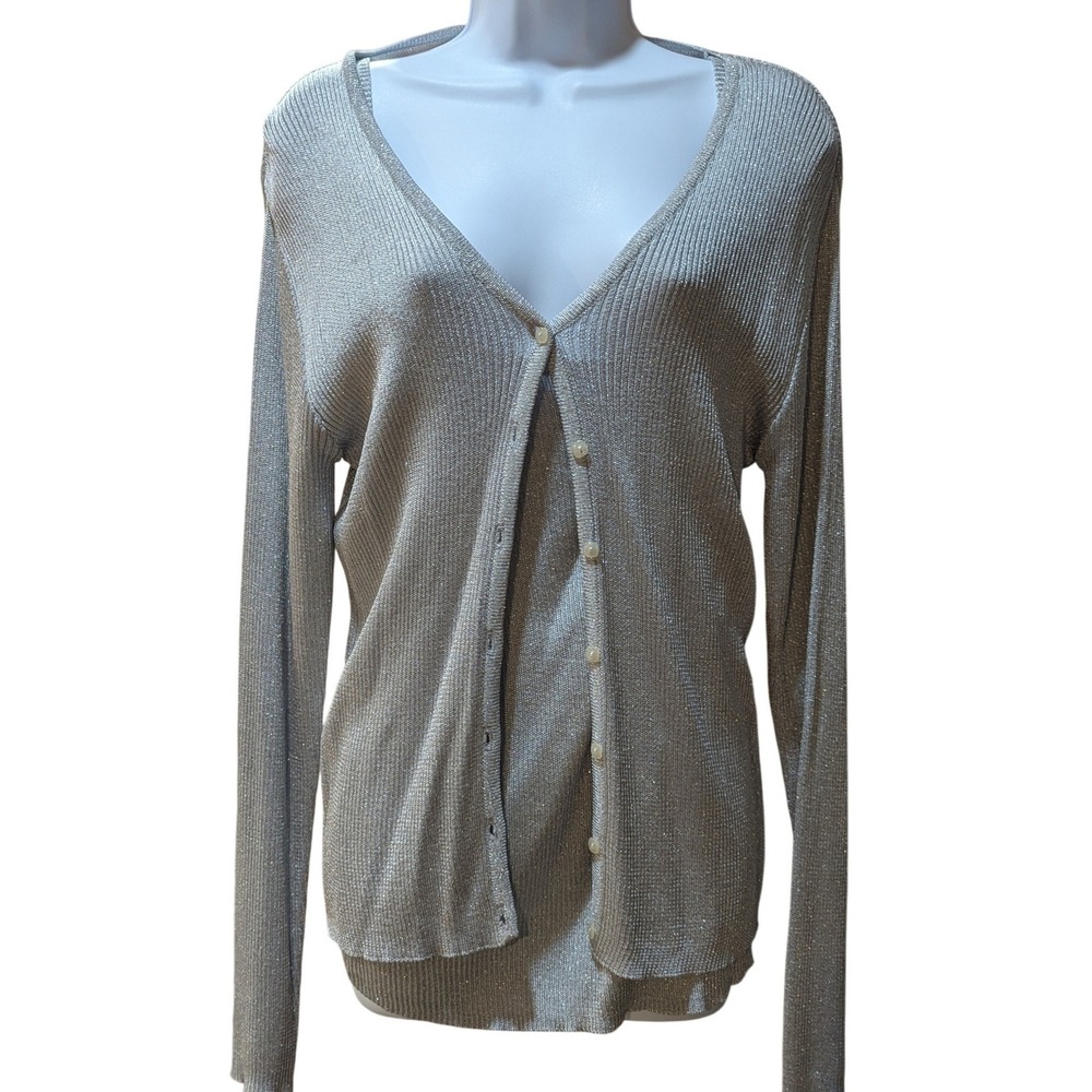 Gap Silver Metallic Ribbed Knit Cardigan and Tank Top Twin Set Womens XL